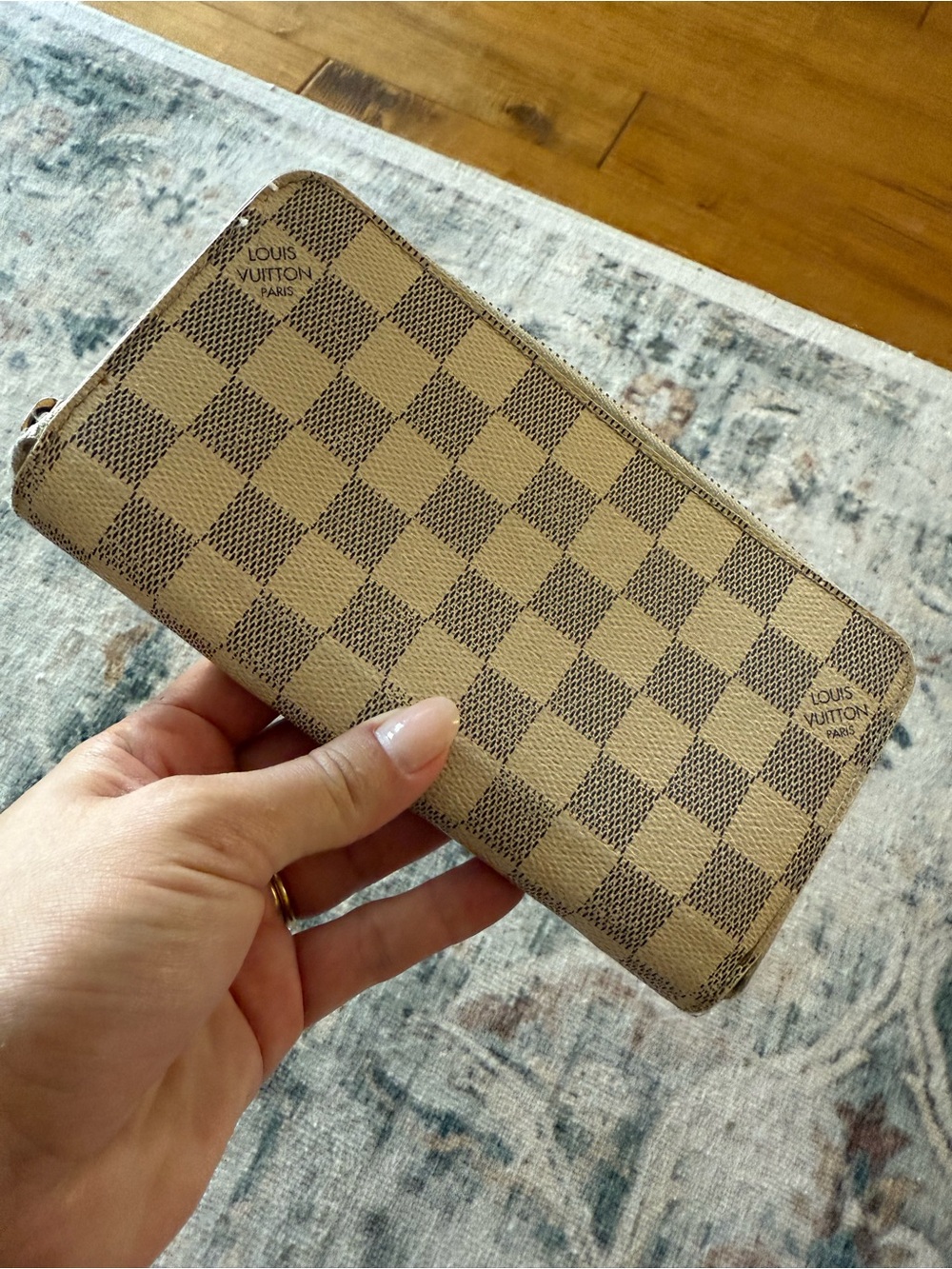 Louis Vuitton Damier Print Leather Zip Wallet with Gold Hardware